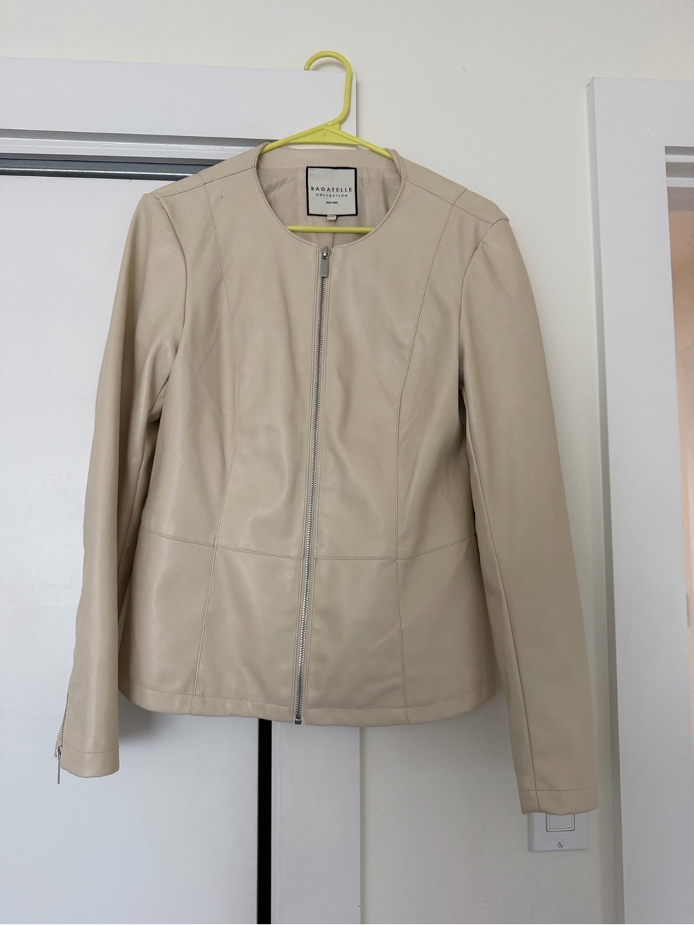 Bagatelle Beige Collarless Zip Leather Jacket